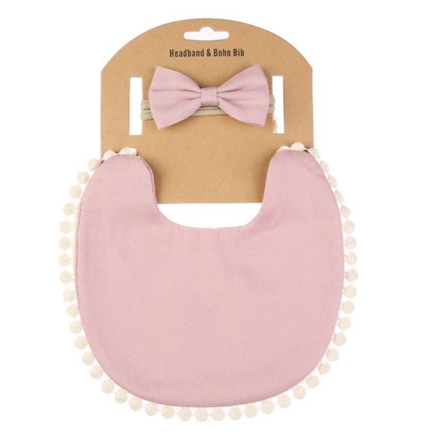 Slabbetje Met Pomponboord En Haarbandje - Baby Pink